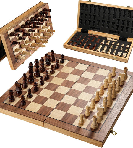 Magnetic Chess Board Set for Adults & Kids, 15" Wooden Folding Chess Boards, Handcrafted Portable Travel Chess Game with Pieces Storage Slots & 2 Extra Queens